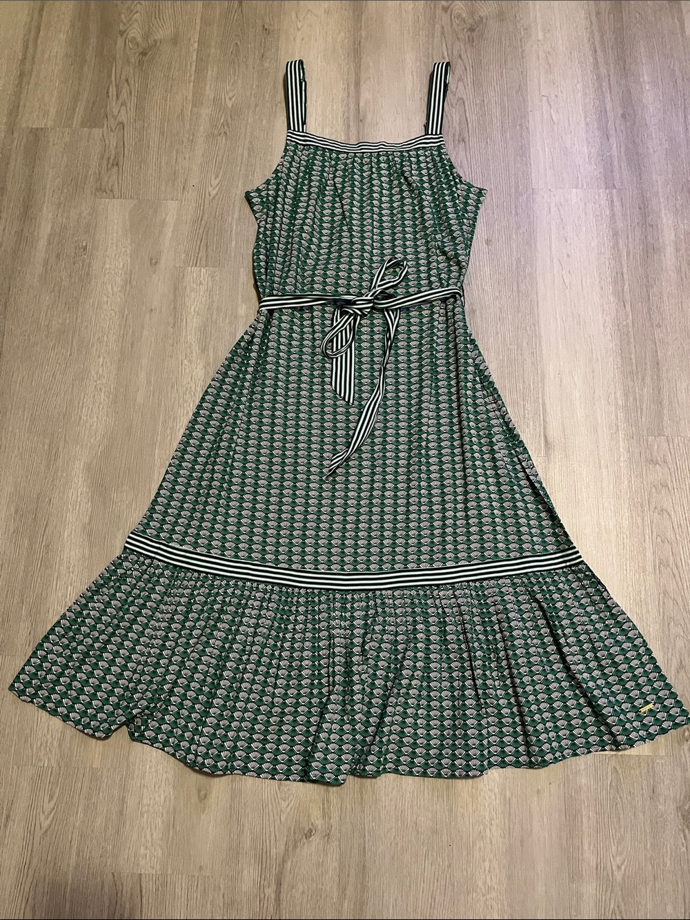 Striped-Trim Green Printed Maxi Dress with Self-Tie Belt